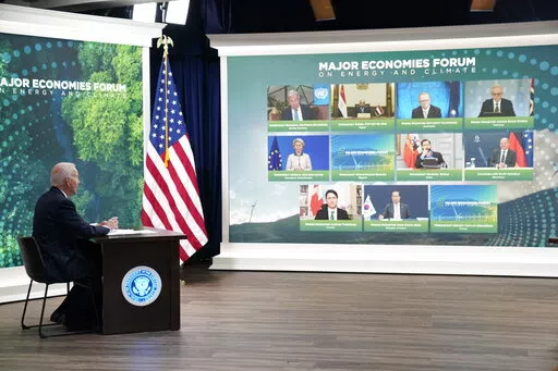 President Joe Biden speaks during the Major Economies Forum on Energy and Climate in the South Court Auditorium on the White House campus, Friday, June 17, 2022, in Washington. (AP Photo/Evan Vucci)
