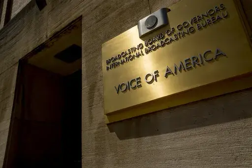 The Voice of America building, Monday, June 15, 2020, in Washington. (AP Photo/Andrew Harnik, File)