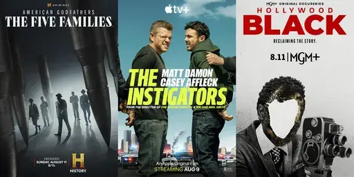 This combination of images shows promotional art for the series "American Godfathers: The Five Families," left, the film "The Instigators," center, and the docuseries "Hollywood Black." (History/Apple TV+/MGM+ via AP)