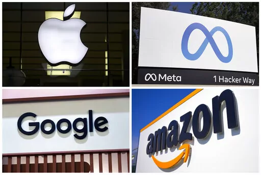 This photo combo of images shows logos for Apple, Meta, Google and Amazon. The House on Thursday, Sept. 29, 2022, approved sharply scaled-down legislation targeting the dominance of Big Tech companies by giving states greater power in antitrust cases and increasing money for federal regulators. The bipartisan measure, passed by a 242-184 vote, pales in comparison with a more ambitious package aimed at reining in Meta, Google, Amazon and Apple and cleared by key House and Senate committees. (AP P