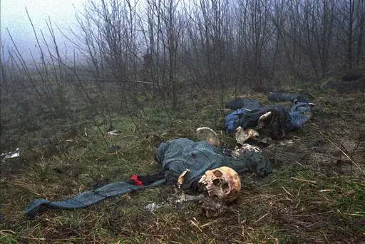 FILE- One of four clothed skeletons lies on a hilltop near Srebrenica, Bosnia, Sunday Feb. 4, 1996. An estimated 8,000 Muslim men were missing after the Serb conquest of the former Muslim enclave of Srebrenica when it was overrun by Bosnian Serb forces on July 11, 1995, during Bosnia's 1992-95 war. Muslim men and boys were chased through woods in and around Srebrenica by Serb troops in what is considered the worst carnage of civilians in Europe since World War II.(AP Photo/Alexander Zemlianichen