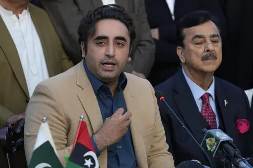 Bilawal-Bhutto Zardari, left, Chairman of Pakistan People's Party speaks during a press conference regarding parliamentary elections, in Islamabad, Pakistan, Tuesday, Feb. 13, 2024. The main political rival of ex-Pakistani premier Imran Khan challenged him Tuesday to form a government if he had the support of the majority of newly elected lawmakers. The challenge by Shehbaz Sharif, who heads the Pakistan Muslim League party, follows national elections that showed candidates backed by Khan's Paki