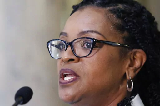 Legislative Black Caucus Chairman, Sen. Angela Turner Ford, D-West Point, discusses specific concerns the group has regarding use of $1.25 billion in federal coronavirus stimulus money during a press briefing at the statehouse on May 1, 2020, in Jackson, Miss. Ford on Wednesday, Jan. 11, 2023, said that the Black Caucus agenda includes a push to ease the restoration of voting rights for former inmates, expand Medicaid, provide oversight for welfare spending and ensure that all parts of the state