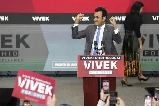 Vivek Ramaswamy announces his candidacy for Ohio governor, Monday, Feb. 24, 2025, in West Chester Township, Ohio. (AP Photo/Kareem Elgazzar)