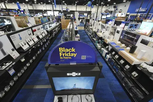 A sign promoting Black Friday is shown in a Best Buy store Thursday, Nov. 21, 2024, in south Denver. (AP Photo/David Zalubowski)
