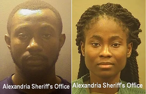 This photo provided by Alexandria Sheriff's Office, shows from left Richard Broni and Linda Mbimadong.  On Friday, Feb. 17, 2022, Broni and Mbimadong,  two of the people who scammed an Annandale man, who is not identified in court papers, will be sentenced in federal court in Alexandria.  They played relatively minor roles in a scam _ prosecutors describe them as “money mules” who never made contact with the victim themselves but helped receive and launder the money in return for a 5% to 10%