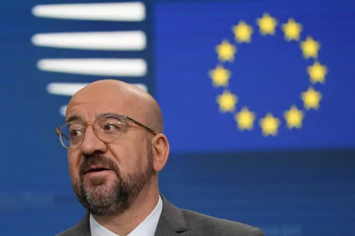 European Council President Charles Michel and European Commission President Ursula von der Leyen, via video, address a media conference after an EU summit in virtual format at the European Council building in Brussels, Tuesday, Oct. 17, 2023. European Union leaders are holding a virtual summit to try to overcome different opinions and voices over the Israel-Hamas war and have a bigger diplomatic impact on the global stage. (AP Photo/Virginia Mayo)