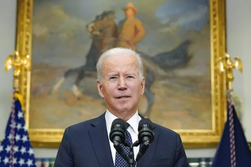 President Joe Biden speaks about Ukraine in the Roosevelt Room of the White House, Friday, Feb. 18, 2022, in Washington. (AP Photo/Alex Brandon)
