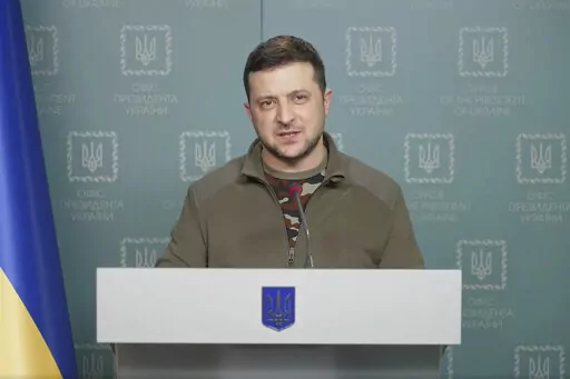 In this image from video provided by the Ukrainian Presidential Press Office, Ukrainian President Volodymyr Zelenskyy speaks in Kyiv, Ukraine, March 6, 2022. (Ukrainian Presidential Press Office via AP, File)