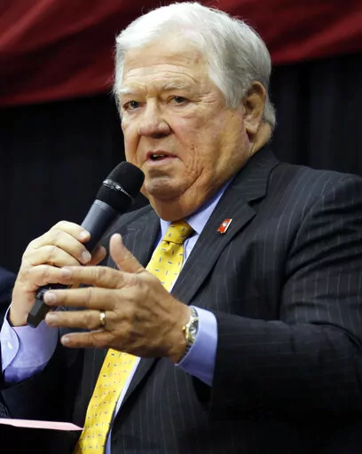 Former Mississippi Gov. Haley Barbour speaks at a Mississippi Economic Council event on Wednesday, Oct. 26, 2016, in Jackson, Miss. Barbour was hospitalized Wednesday, Oct. 26, 2022, after being in a one-vehicle wreck outside Yazoo City, Miss. Yazoo County Sheriff Jake Sheriff said Barbour told law enforcement officers that he swerved to avoid a dog. (AP Photo/Rogelio V. Solis, File)