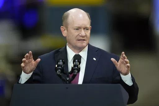 Sen. Chris Coons, D-Del., speaks in Bear, Del., Nov. 6, 2023. More of President Joe Biden's top Senate allies are demanding that the U.S. act directly to ease Palestinian civilian suffering in Gaza and are joining calls to cut military aid if Israel refuses to change course. Even Coons, Biden's closest confidant in Congress, says it is time to get tougher with the Israeli government. (AP Photo/Matt Rourke, File)