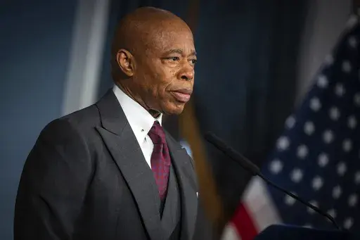 This image provided by Office of the New York Mayor shows New York Mayor Eric Adams as he speaks during an address from City Hall, Tuesday, Feb. 11, 2025. (Ed Reed/Office of the New York Mayor via AP)