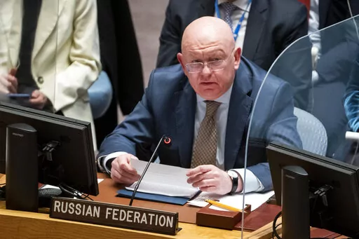 Vassily Nebenzia, permanent representative of Russia to the United Nations, speaks during a meeting of the UN Security Council, March 29, 2022, at United Nations headquarters. A week before the anniversary of Russia’s invasion of Ukraine, the Kremlin’s U.N. ambassador claimed that the West is driven by its determination to destroy Russia and declared: "We had no choice other than to defend our country, defend it from you, to defend our identity and our future." (AP Photo/John Minchillo, File