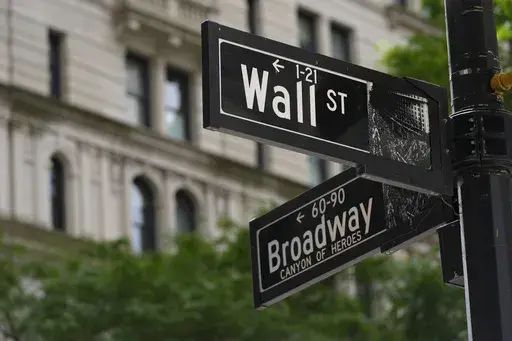 Signs at the intersection of Wall Street and Broadway streets in New York, June 12, 2024. (AP Photo/Pamela Smith, File)