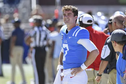 Then-Mississippi quarterback Luke Altmyer (7) watches from the sidelines during the second half of an NCAA college football game between Mississippi and Kentucky in Oxford, Miss., Saturday, Oct. 1, 2022. Altmyer will be the starting quarterback for Illinois when it opens the season at home against Toledo on Sept. 2, coach Bret Bielema announced Monday, Aug. 21, 2023. Altmyer transferred to Illinois in January after two seasons at Mississippi. (AP Photo/Thomas Graning, File)