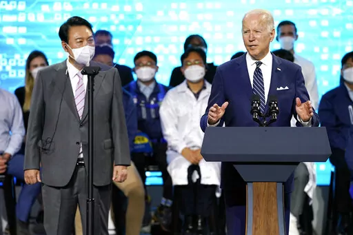 President Joe Biden delivers remarks with South Korean President Yoon Suk Yeol as they visit the Samsung Electronics Pyeongtaek campus, Friday, May 20, 2022, in Pyeongtaek, South Korea. (AP Photo/Evan Vucci)