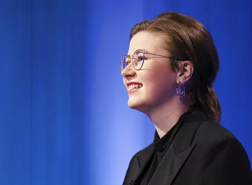 This image released by Sony Pictures Television shows Mattea Roach, a 23-year-old Canadian contestant on the game show "Jeopardy!" (Tyler Golden/Sony Pictures Television via AP)