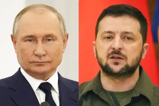 Russian President Vladimir Putin at the Kremlin in Moscow, on April 26, 2022, and Ukrainian President Volodymyr Zelenskyy in Kyiv, Ukraine, on May 8, 2022. An interminable and unwinnable war in Europe? That's what NATO leaders fear and are bracing for as Russia's war in Ukraine grinds into its third month with little sign of a decisive military victory for either side, and no resolution in sight. (AP Photo)