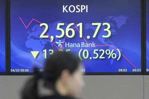 A currency trader walks by the screen showing the Korea Composite Stock Price Index (KOSPI) at a foreign exchange dealing room in Seoul, South Korea, Thursday, April 20, 2023. Shares are mostly lower in Asia in narrow trading after they barely budged on Wall Street following a mixed batch of earnings reports from big U.S. companies. (AP Photo/Lee Jin-man)