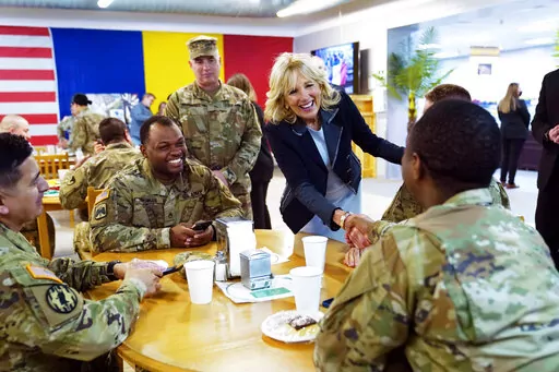 First lady Jill Biden meets U.S. troops during a visit to the Mihail Kogalniceanu Air Base in Romania, Friday, May 6, 2022. (AP Photo/Susan Walsh, Pool)