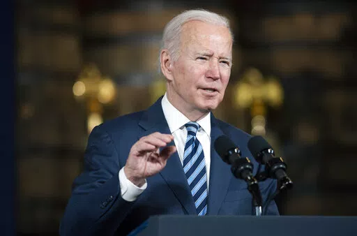 President Joe Biden speaks the about the long-delayed cleanup of Great Lakes harbors and tributaries polluted with industrial toxins at the Shipyards, Thursday, Feb. 17, 2022, in Lorain, Ohio. Cleanup will accelerate dramatically with a $1 billion boost from Biden's infrastructure plan. (AP Photo/Ken Blaze)
