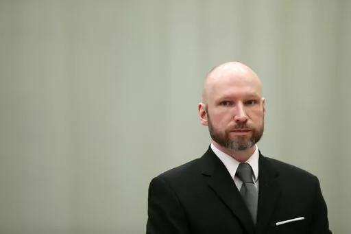 Convicted mass murderer Anders Behring Breivik looks on during the last day of his appeal case in Borgarting Court of Appeal at Telemark prison in Skien, Norway on Jan. 18, 2017. A decade after the 2011 bombing and shooting spree that left 77 dead, Breivik is seeking early release from a 21-year sentence — the maximum term in Norway. (Lise Aaserud/NTB Scanpix via AP, File)