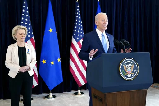 President Joe Biden and European Commission President Ursula von der Leyen talk to the press about the Russian invasion of Ukraine, at the U.S. Mission in Brussels, Friday, March 25, 2022, in Brussels. (AP Photo/Evan Vucci)