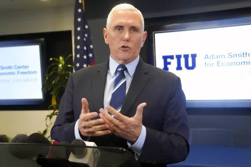 While speaking at Florida International University (FIU), Friday, Jan. 27, 2023, in Miami, former Vice President Mike Pence said he takes "full responsibility" after classified documents were found at his Indiana home. Pence was talking at FIU about the economy and promoting his new book, "So Help Me God." (AP Photo/Marta Lavandier)