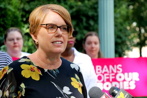 North Carolina State Rep. Julie von Haefen, a Wake County Democrat, denounces the newly reinstated 20-week abortion ban in North Carolina at a news conference in Raleigh on Aug. 18, 2022. (AP Photo/Hannah Schoenbaum)