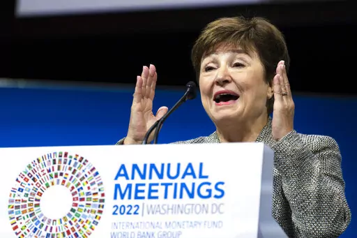 International Monetary Fund Managing Director Kristalina Georgieva speaks during the 2022 annual meeting of the International Monetary Fund and the World Bank Group, Oct. 14, 2022, in Washington. A provision in the recently signed defense budget mandates that the U.S. work to ease Ukraine’s debt burden at the IMF, which could create tensions at the world’s lender-of-last-resort over one of the fund’s biggest borrowers. (AP Photo/Manuel Balce Ceneta, File)