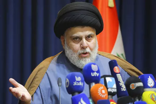 Populist Shiite cleric Muqtada al-Sadr, speaks during a mews conference in Najaf, Iraq, Thursday, Nov. 18, 2021. On Sunday, June 12, 2022, 73 lawmakers from the powerful cleric’s bloc submitted their resignation based on his request, to protest a persisting political deadlock eight months after general elections were held. (AP Photo/Anmar Khalil, File)