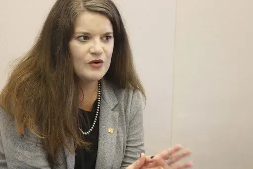 New Mexico Secretary of State Maggie Toulouse Oliver speaks during a news briefing, Oct. 19, 2022, in Santa Fe, N.M. (AP Photo/Morgan Lee, File)