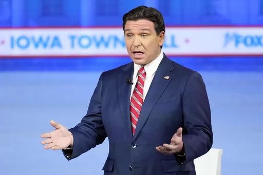 Republican presidential candidate Florida Gov. Ron DeSantis speaks during a Fox News Channel town hall Tuesday, Jan. 9, 2024 in Des Moines, Iowa. (AP Photo/Abbie Parr)