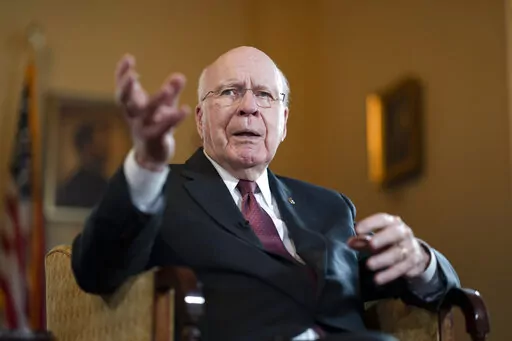 Sen. Patrick Leahy, D-Vt., the president pro temper of the Senate, discusses his life in the Senate and his Vermont roots during an Associated Press interview in his office at the Capitol in Washington, Monday, Dec. 19, 2022. The U.S. Senate's longest-serving Democrat, Leahy is getting ready to step down after almost 48 years representing his state in the U.S. Senate. (AP Photo/J. Scott Applewhite)