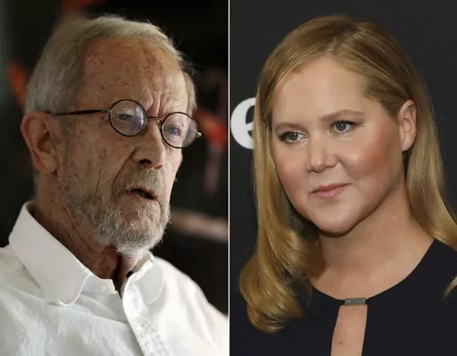 Author Elmore Leonard appears during an interview at his Bloomfield Township, Mich., home on Sept. 17, 2012, left, and actor-comedian Amy Schumer appears at the premiere of Hulu's Original Series "Life & Beth" in New York on March 16, 2022. A new study from PEN America finds that tens of thousands of books are banned or restricted by U.S. prisons. Leonard's thriller “Cuba Libre,”is banned in Michigan and Schumer's memoir “The Girl with the Lower Back Tattoo” was flagged by Florida offici