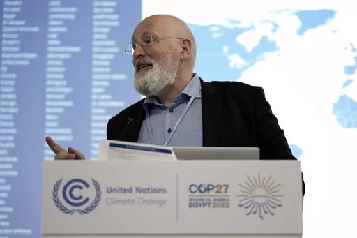 Frans Timmermans, executive vice president of the European Commission, speaks during a session on the Global Methane Pledge at the COP27 U.N. Climate Summit, Thursday, Nov. 17, 2022, in Sharm el-Sheikh, Egypt. (AP Photo/Nariman El-Mofty)