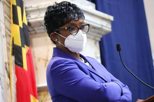 Maryland House Speaker Adrienne Jones, a Democrat, listens to debate before lawmakers voted to override Republican Gov. Larry Hogan's veto of a measure to expand abortion access in the state, Saturday, April 9, 2022, in Annapolis, Md. (AP Photo/Brian Witte)
