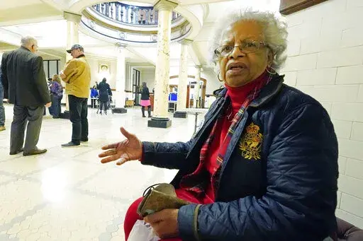 Jackson child care owner Deloris Suel speaks of her concerns about the income tax elimination legislation and how the reduction and eventual elimination of those funds might impact programs funded by the state at the Mississippi State Capitol in Jackson, Miss., Thursday, Jan. 27, 2022. (AP Photo/Rogelio V. Solis)