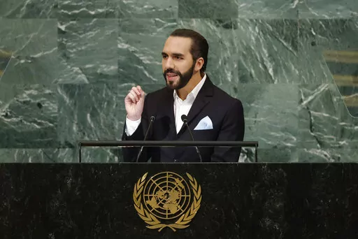 President of El Salvador Nayib Bukele addresses the 77th session of the United Nations General Assembly, at U.N. headquarters, Tuesday, Sept. 20, 2022. (AP Photo/Jason DeCrow)