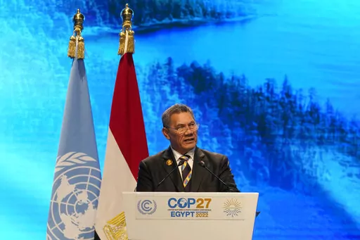 Kausea Natano, prime minister of Tuvalu, speaks at the COP27 U.N. Climate Summit, Tuesday, Nov. 8, 2022, in Sharm el-Sheikh, Egypt. (AP Photo/Peter Dejong)