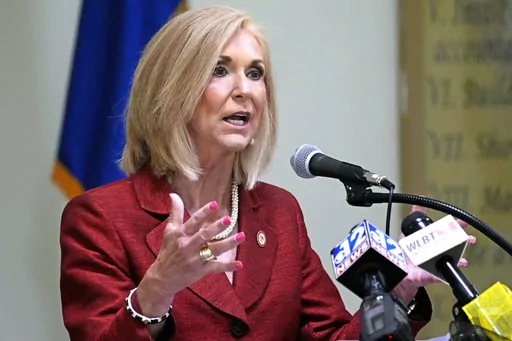 Mississippi's Republican Attorney General Lynn Fitch speaks at the Central Mississippi Correctional Facility in Pearl, Miss., May 9, 2023. The Hinds County District Attorney's office, the prosecutor's office in Mississippi's largest county, said Wednesday, July 12, that Fitch made a politically motivated decision to ask a state appeals court to overturn the conviction of a former police officer in the 2019 beating death of a man who was pulled from a vehicle and subdued by three officers. (AP Ph
