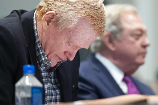 A tear drops from Alex Murdaugh's eye as he listens to his friend Chris Wilson testify during his double murder trial at the Colleton County Courthouse on Thursday, Feb. 9, 2023, in Walterboro, S.C. The 54-year-old attorney is standing trial on two counts of murder in the shootings of his wife and son at their Colleton County home and hunting lodge on June 7, 2021. (Joshua Boucher/The State via AP, Pool)