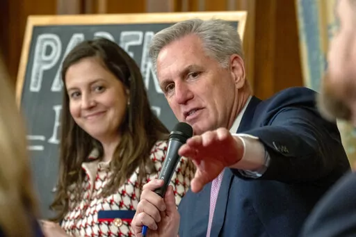 Speaker of the House Kevin McCarthy, of Calif., right, speaks about the proposed legislation dubbed the "Parents Bill of Rights," Wednesday, March 1, 2023, next to Rep. Elise Stefanik, R-N.Y., on Capitol Hill in Washington. (AP Photo/Jacquelyn Martin)