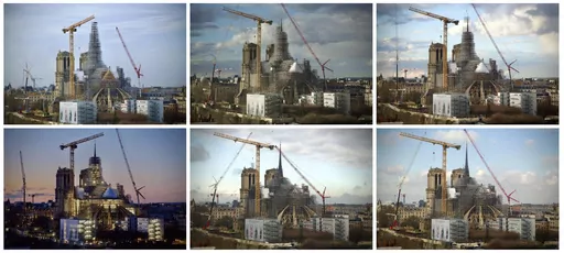 This combination photo shows, from top left, clockwise, the scaffolding around the Notre Dame de Paris cathedral spire being removed from Jan. 24, 2024 to March 6, 2024. Scaffolding has enshrouded Notre Dame Cathedral in Paris since a 2019 fire destroyed its spire and roof and threatened to collapse the whole medieval structure. After an unprecedented international reconstruction effort, the scaffolding is at last starting to peel away. (AP Photos captured from La Tour d'Argent restaurant/Alexan