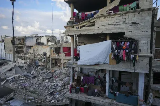 Laundry hangs on a destroyed building caused by the Israeli air and ground offensive in Jabaliya, Gaza Strip, Wednesday, Feb. 5, 2025. (AP Photo/Abdel Kareem Hana)