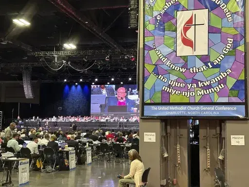 Michigan Bishop David Bard presides at a session of the General Conference of the United Methodist Church on Tuesday, April 30, 2024, in Charlotte, N.C. (AP Photo/Peter Smith)