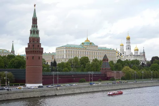 A view of the Moscow Kremlin in Moscow, Russia, Wednesday, May 3, 2023. Russian authorities have accused Ukraine of attempting to attack the Kremlin with two drones overnight. The Kremlin on Wednesday decried the alleged attack attempt as a "terrorist act" and said Russian military and security forces disabled the drones before they could strike. (AP Photo)