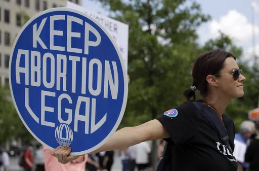 Abortion-rights demonstrator holds a sign during a rally on May 14, 2022, in Chattanooga, Tenn. In legislative sessions in 2023, GOP-controlled states have been moving to tighten abortion restrictions and those dominated by Democrats have continued to codify protections to abortion access. (AP Photo/Ben Margot, File)