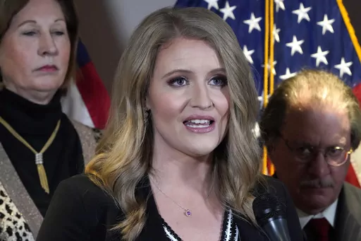 Jenna Ellis, a former member of then-President Donald Trump's legal team, speaks during a news conference at the Republican National Committee headquarters, Nov. 19, 2020, in Washington. Ellis has been formally censured by a judge after admitting she made repeated misstatements about the 2020 presidential election. Jenna Ellis acknowledged making 10 separate false statements on television and Twitter about the election. (AP Photo/Jacquelyn Martin, File)