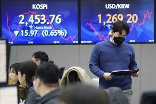 A currency trader passes by the screens showing the Korea Composite Stock Price Index (KOSPI), left, and the foreign exchange rate between U.S. dollar and South Korean won at the foreign exchange dealing room of the KEB Hana Bank headquarters in Seoul, South Korea, Monday, Feb. 13, 2023. Asian stock markets sank Monday ahead of a U.S. inflation update that traders worry might lead to more interest rate hikes. (AP Photo/Ahn Young-joon)